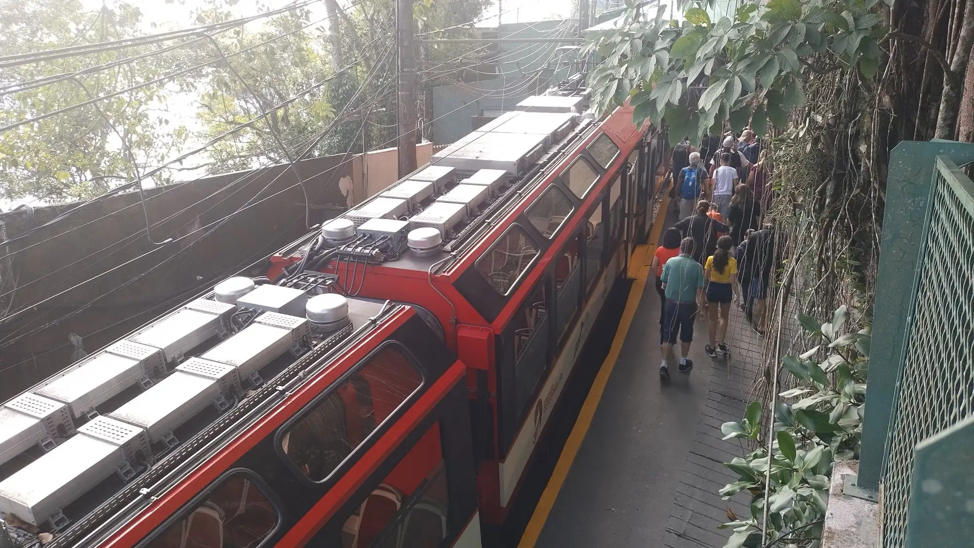 Um trem vermelho do Corcovado visto de cima na estação do alto, com a mata fechando em volta da plataforma